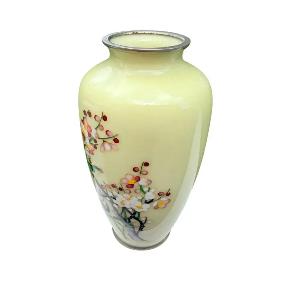 Vintage Gump's Japan Floral Cloisonne Style Celadon Vase Silver Rim 7.5